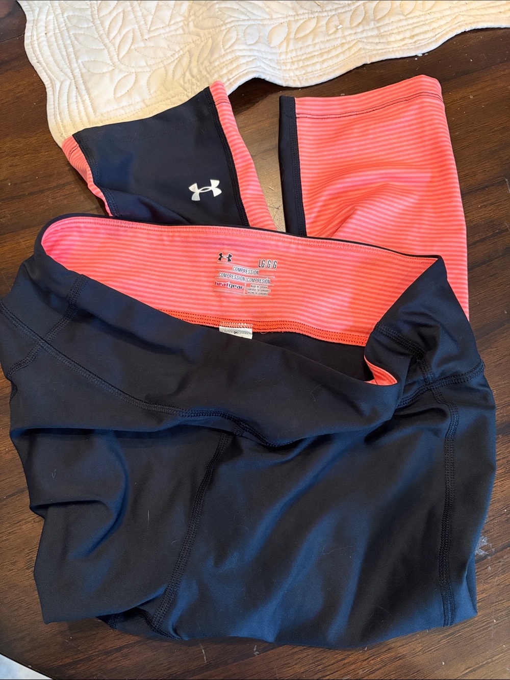 Under Armour Black and Coral Stripe Performance Compression Leggings